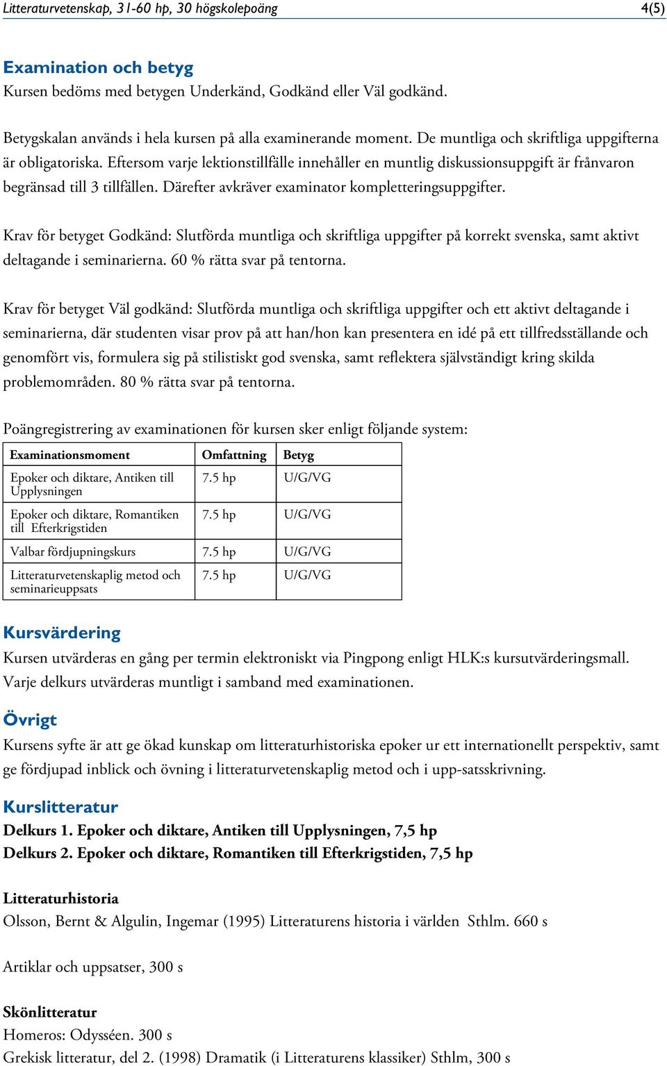 Därefter avkräver examinator kompletteringsuppgifter. Krav för betyget Godkänd: Slutförda muntliga och skriftliga uppgifter på korrekt svenska, samt aktivt deltagande i seminarierna.