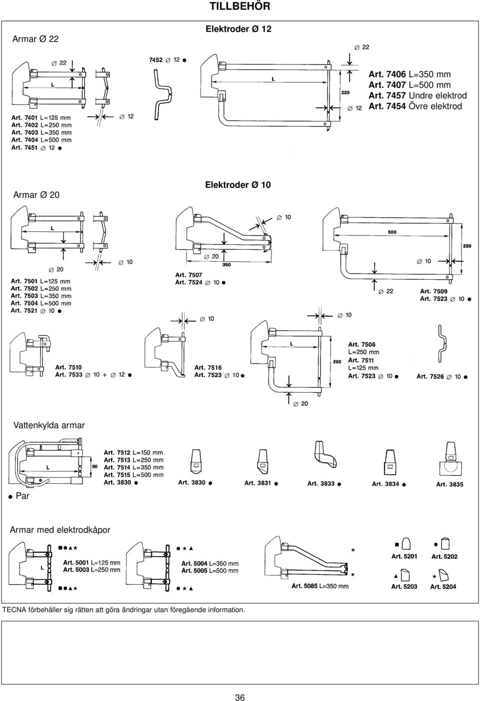 7454 Övre elektrod Armar Ø 20 Elektroder Ø 10 Vattenkylda armar Par