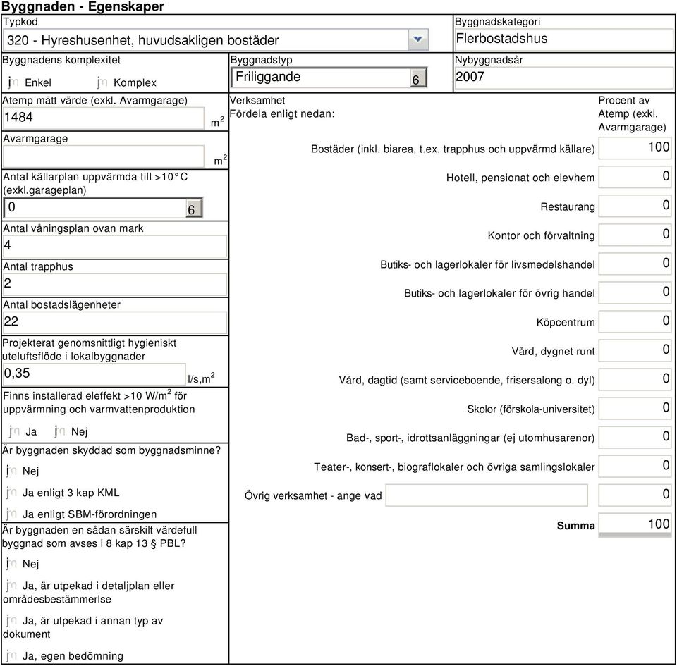 garageplan) Antal våningsplan ovan mark 4 Antal trapphus 2 Antal bostadslägenheter 22 6 Projekterat genomsnittligt hygieniskt uteluftsflöde i lokalbyggnader,35 l/s,m 2 Finns installerad eleffekt >1