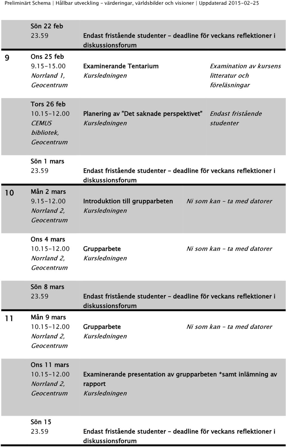 bibliotek, Planering av Det saknade perspektivet Endast fristående studenter Sön 1 mars 10 Mån 2 mars