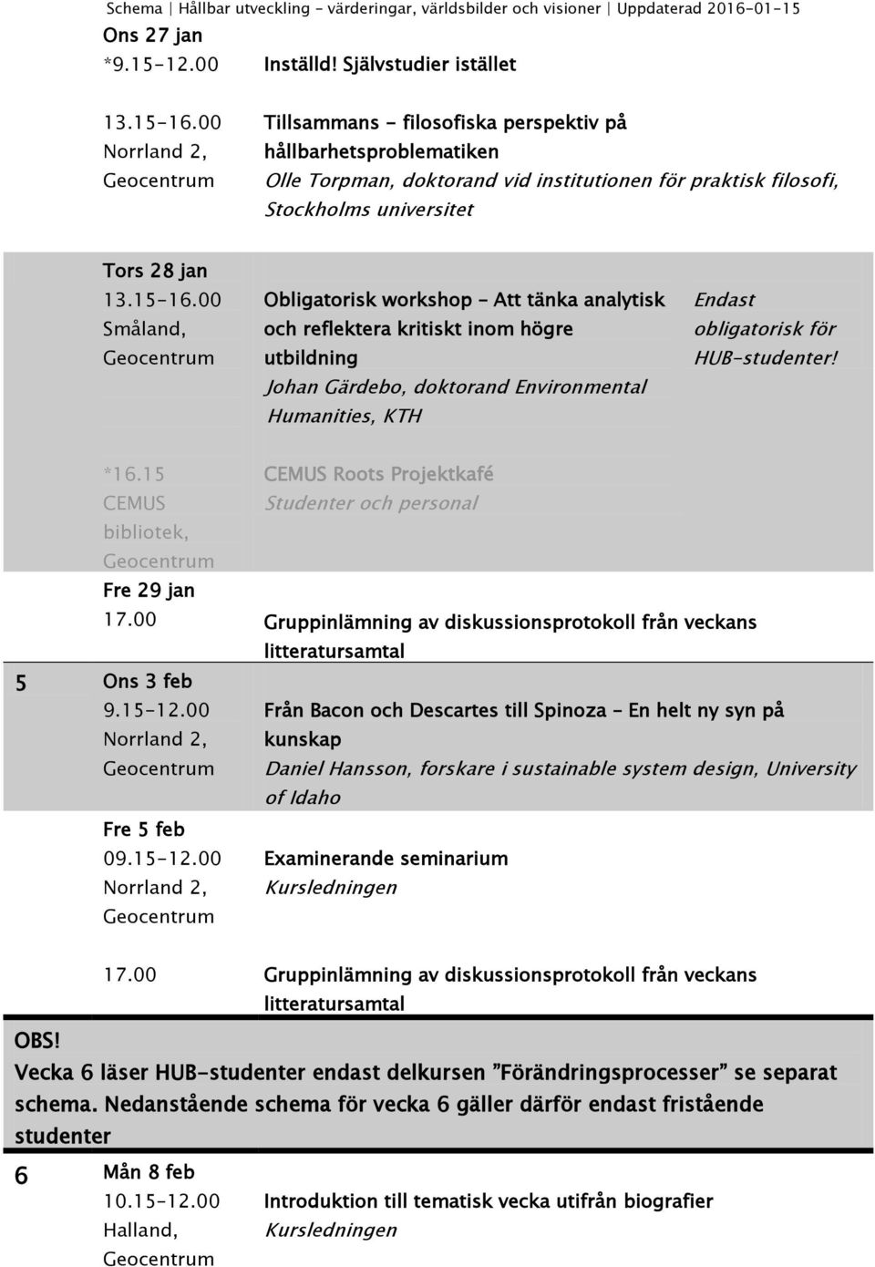 Obligatorisk workshop Att tänka analytisk och reflektera kritiskt inom högre utbildning Johan Gärdebo, doktorand Environmental Humanities, KTH Endast obligatorisk för HUB-studenter! *16.