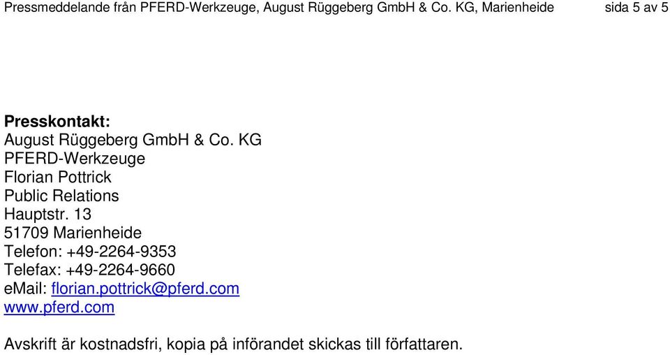 KG PFERD-Werkzeuge Florian Pottrick Public Relations Hauptstr.