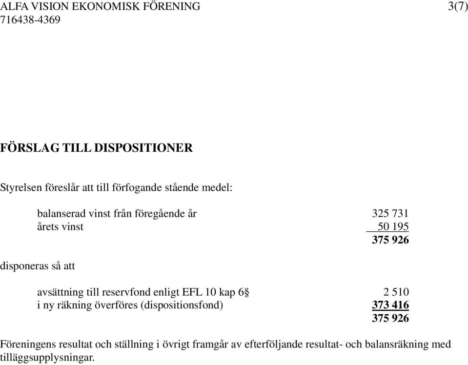 till reservfond enligt EFL 10 kap 6 2 510 i ny räkning överföres (dispositionsfond) 373 416 375 926
