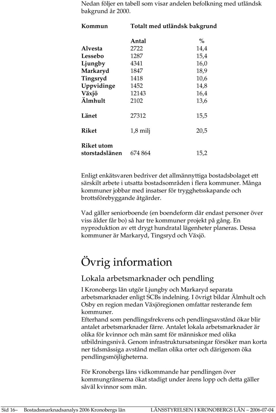 27312 15,5 Riket 1,8 milj 20,5 Riket utom storstadslänen 674 864 15,2 Enligt enkätsvaren bedriver det allmännyttiga bostadsbolaget ett särskilt arbete i utsatta bostadsområden i flera kommuner.