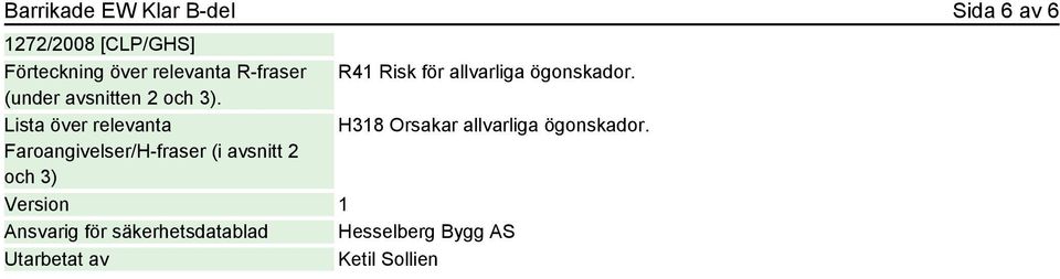 Lista över relevanta H318 Orsakar allvarliga ögonskador.