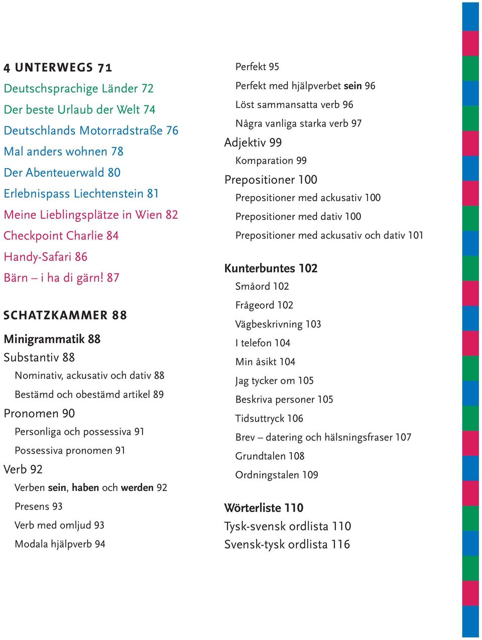 87 Minigrammatik 88 Substantiv 88 Nominativ, ackusativ och dativ 88 Bestämd och obestämd artikel 89 Pronomen 90 Personliga och possessiva 91 Possessiva pronomen 91 Verb 92 Verben sein, haben och