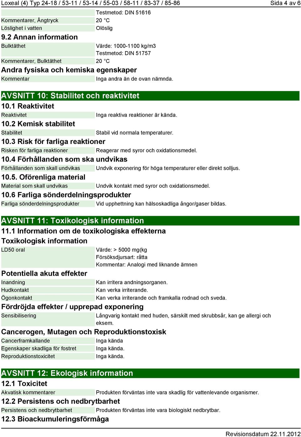 AVSNITT 10: Stabilitet och reaktivitet 10.1 Reaktivitet Reaktivitet Inga reaktiva reaktioner är kända. 10.2 Kemisk stabilitet Stabilitet Stabil vid normala temperaturer. 10.3 Risk för farliga reaktioner Risken för farliga reaktioner Reagerar med syror och oxidationsmedel.