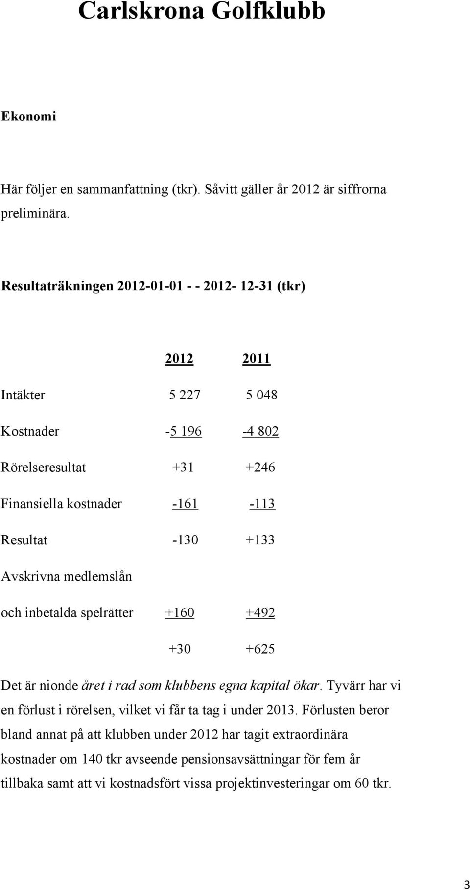 -130 +133 Avskrivna medlemslån och inbetalda spelrätter +160 +492 +30 +625 Det är nionde året i rad som klubbens egna kapital ökar.