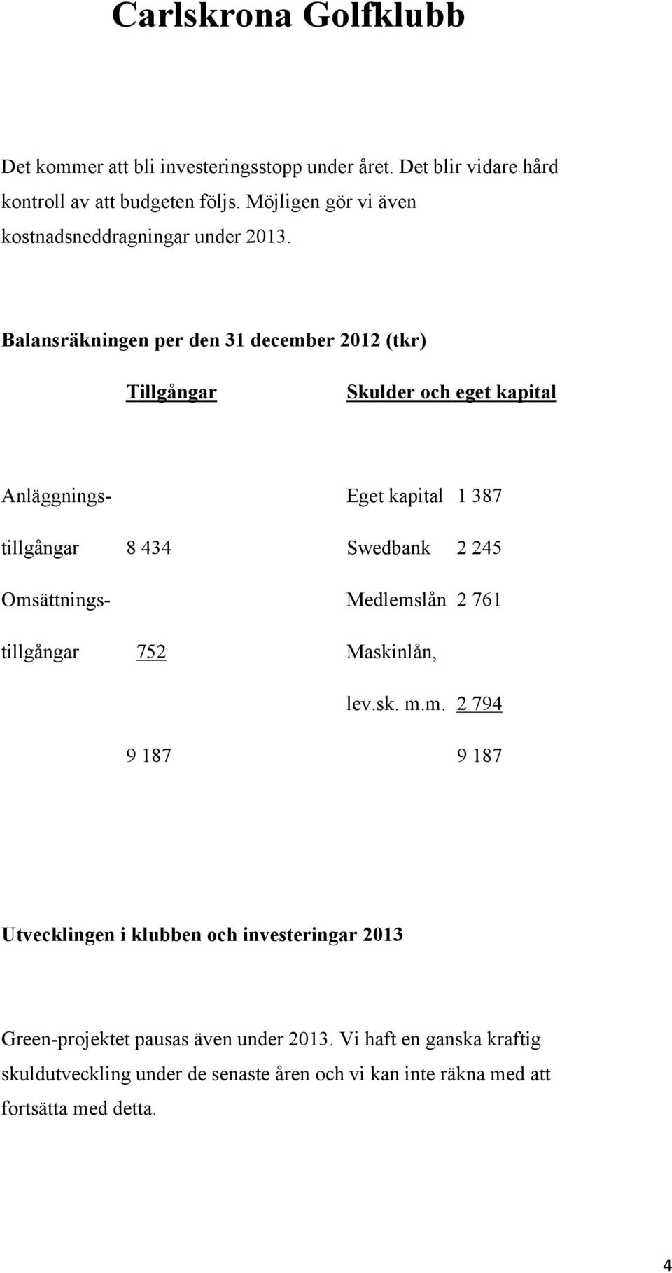 Balansräkningen per den 31 december 2012 (tkr) Tillgångar Skulder och eget kapital Anläggnings- Eget kapital 1 387 tillgångar 8 434 Swedbank 2 245