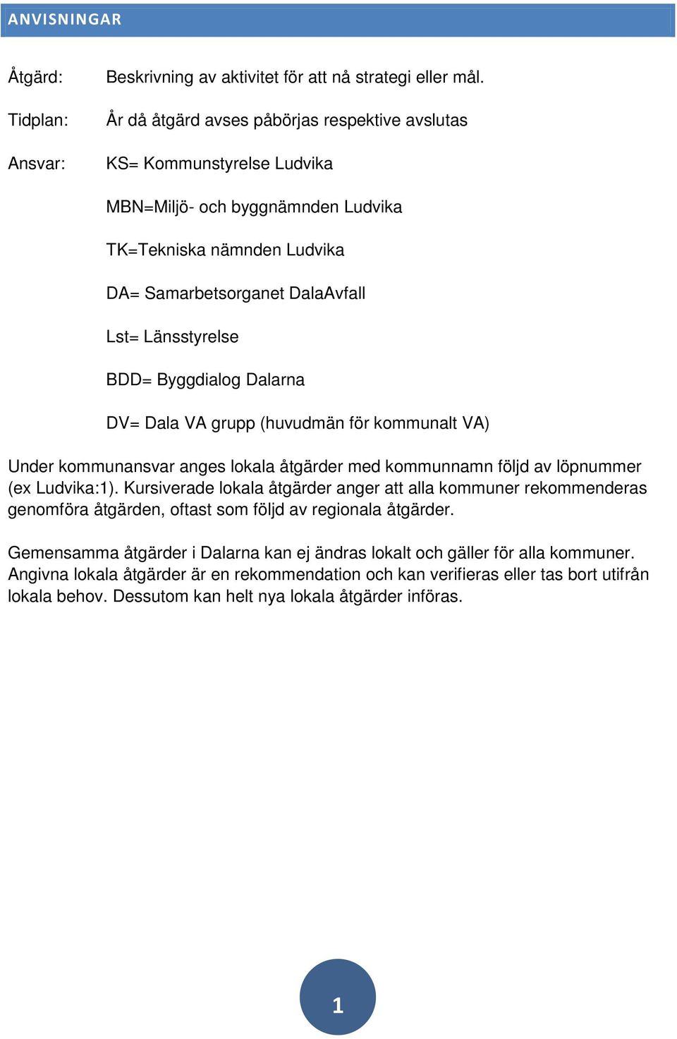 Byggdialog Dalarna DV= Dala VA grupp (huvudmän för kommunalt VA) Under kommunansvar anges lokala åtgärder med kommunnamn följd av löpnummer (ex Ludvika:1).