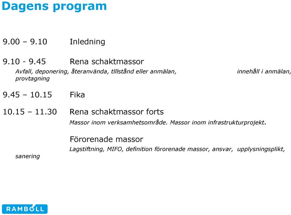 innehåll i anmälan, 9.45 10.15 Fika 10.15 11.