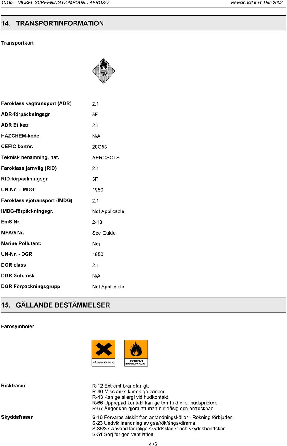 Marine Pollutant: See Guide Nej UN-Nr. - DGR 1950 DGR class 2.1 DGR Sub. risk DGR Förpackningsgrupp N/A Not Applicable 15.