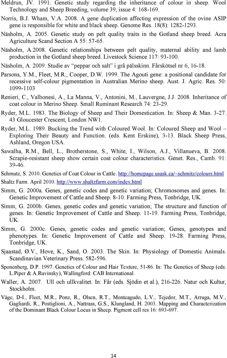 Genetic study on pelt quality traits in the Gotland sheep breed. Acra Agriculture Scand Section A 55: 57-65. Näsholm, A.2008.