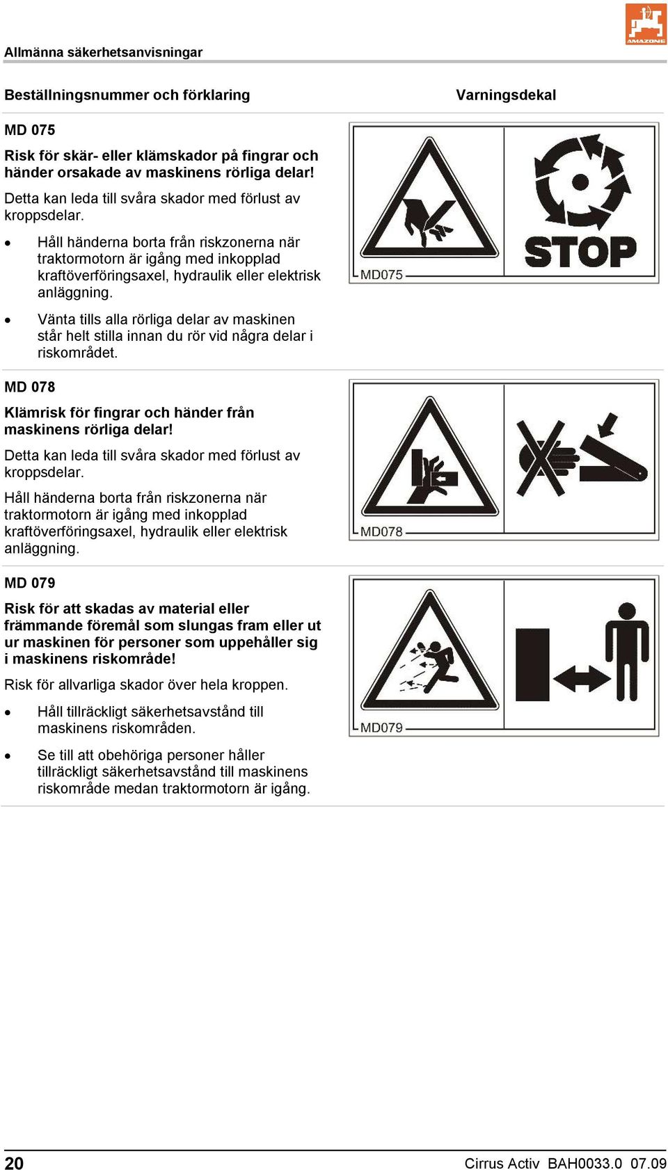 Vänta tills alla rörliga delar av maskinen står helt stilla innan du rör vid några delar i riskområdet. MD 078 Klämrisk för fingrar och händer från maskinens rörliga delar!