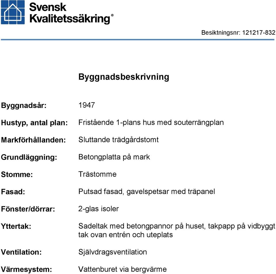 trädgårdstomt Betongplatta på mark Trästomme Putsad fasad, gavelspetsar med träpanel 2-glas isoler Sadeltak