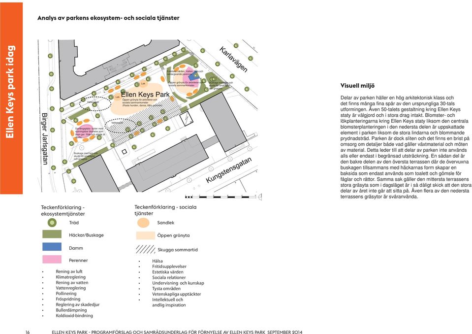 och nektargivande perenner Öppen grönyta för aktiviteter och sociala sammankomster Buskage med bon och skydd för småfåglar och gnagare Visuell miljö Delar av parken håller en hög arkitektonisk klass