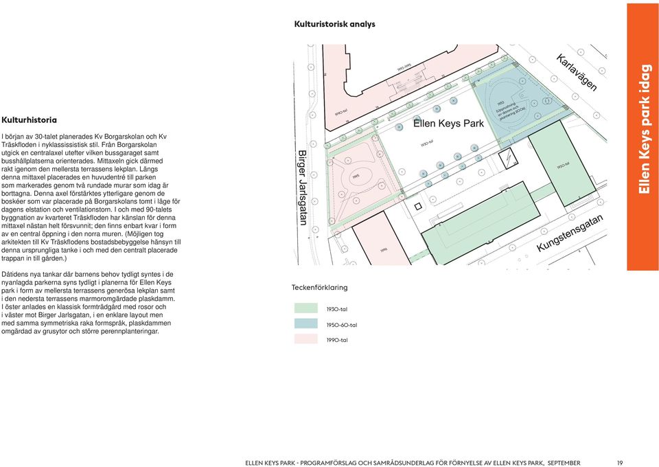 Längs denna mittaxel placerades en huvudentré till parken som markerades genom två rundade murar som idag är borttagna.