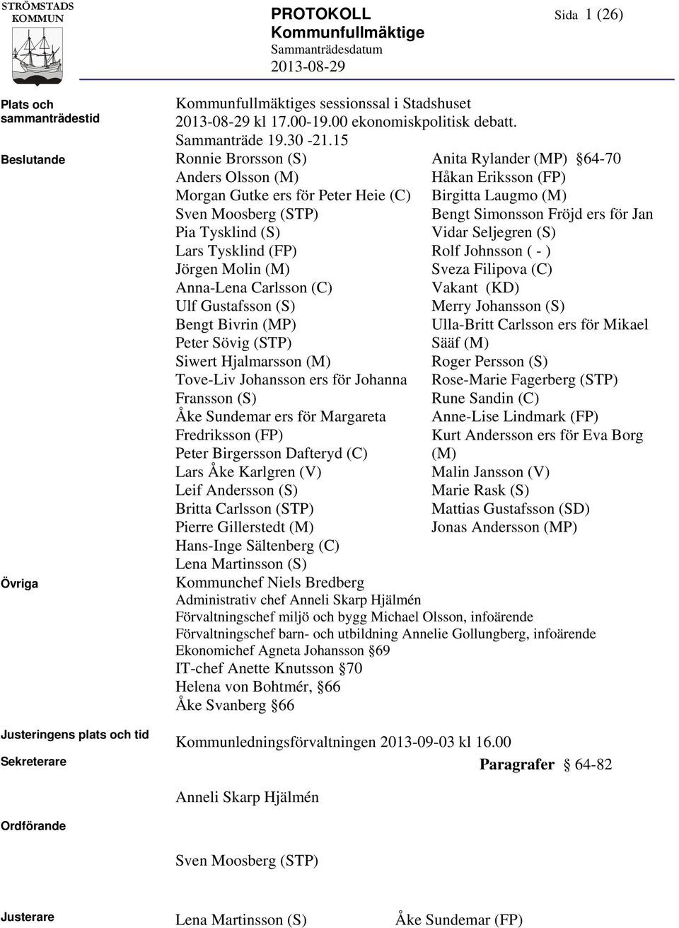 Bivrin (MP) Peter Sövig (STP) Siwert Hjalmarsson (M) Tove-Liv Johansson ers för Johanna Fransson (S) Åke Sundemar ers för Margareta Fredriksson (FP) Peter Birgersson Dafteryd (C) Lars Åke Karlgren