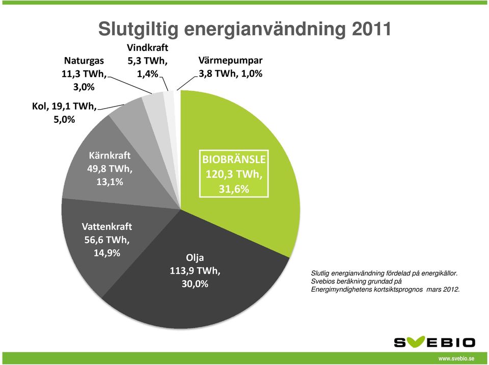 31,6% Vattenkraft 56,6 TWh, 14,9% Olja 113,9 TWh, 30,0% Slutlig energianvändning fördelad