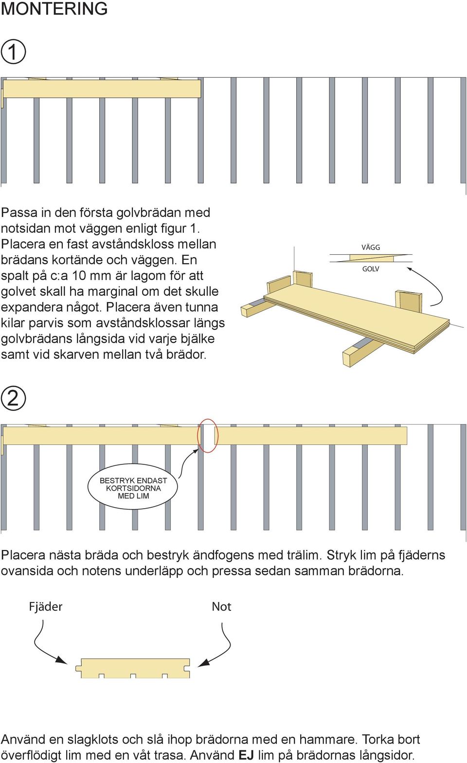 Placera även tunna kilar parvis som avståndsklossar längs golvbrädans långsida vid varje bjälke samt vid skarven mellan två brädor.