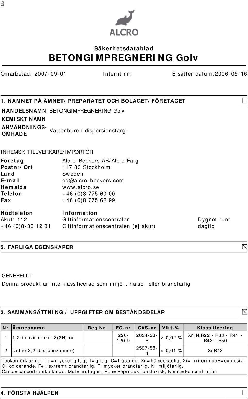 INHEMSK TILLVERKARE/IMPORTÖR Företag Alcro-Beckers AB/Alcro Färg Postnr/Ort 117 83 Stockholm Land Sweden E-mail eq@alcro-