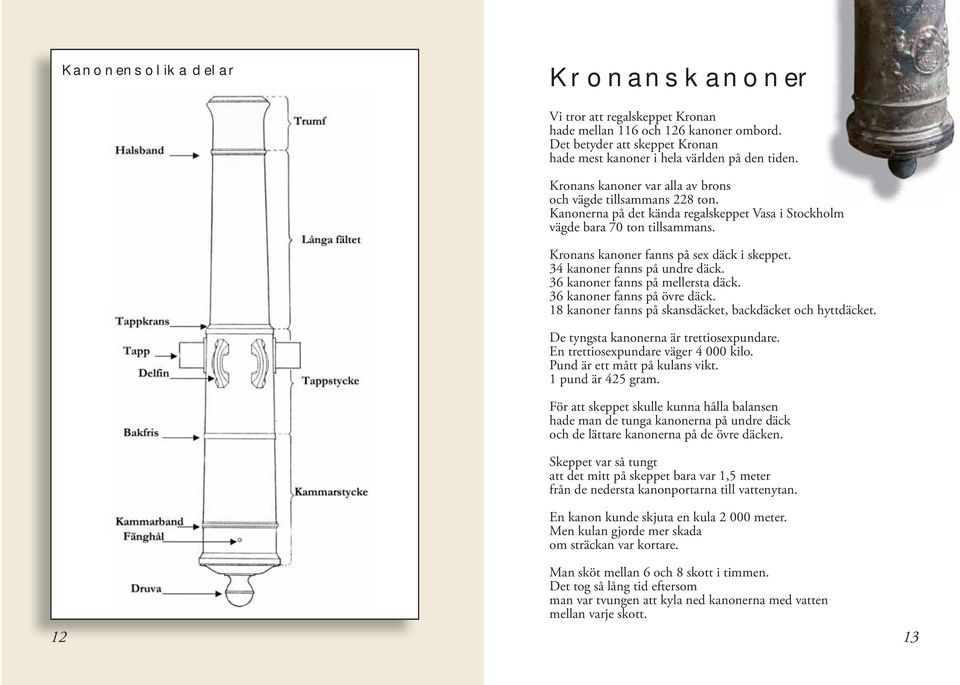 34 kanoner fanns på undre däck. 36 kanoner fanns på mellersta däck. 36 kanoner fanns på övre däck. 18 kanoner fanns på skansdäcket, backdäcket och hyttdäcket.