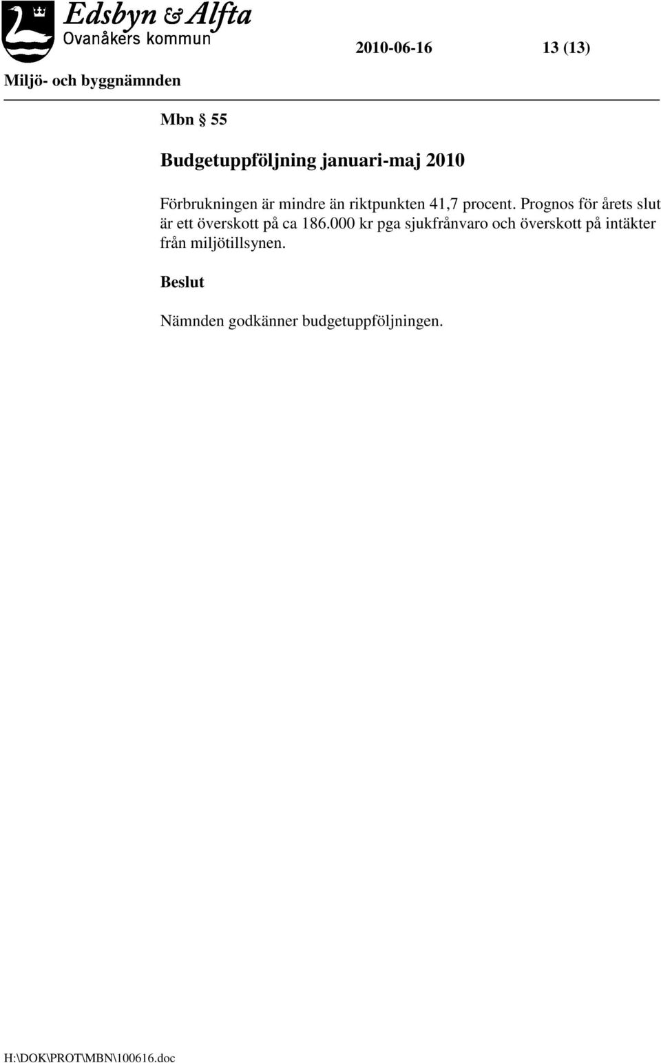 Prognos för årets slut är ett överskott på ca 186.