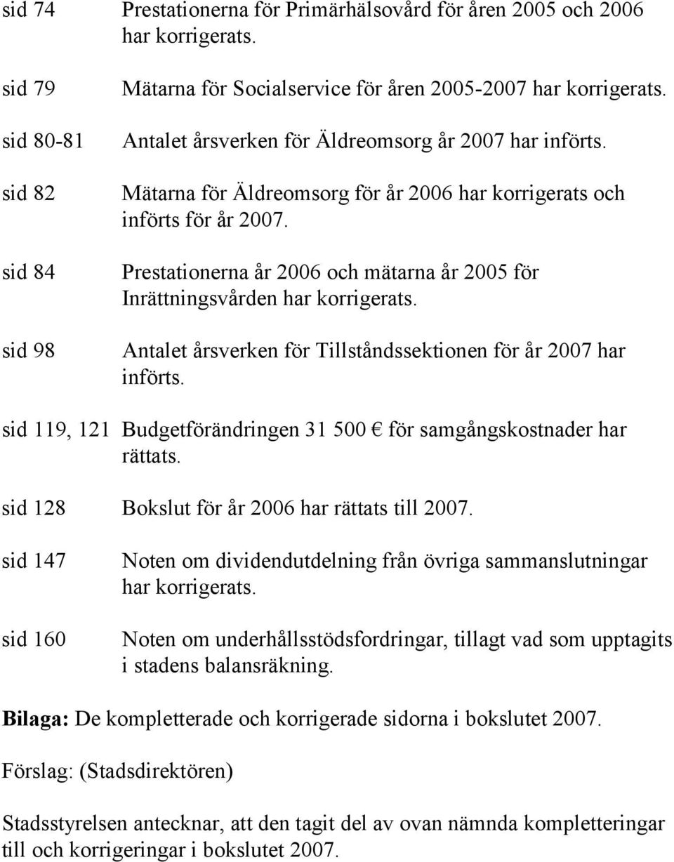 Prestationerna år 2006 och mätarna år 2005 för Inrättningsvården Antalet årsverken för Tillståndssektionen för år 2007 har införts.