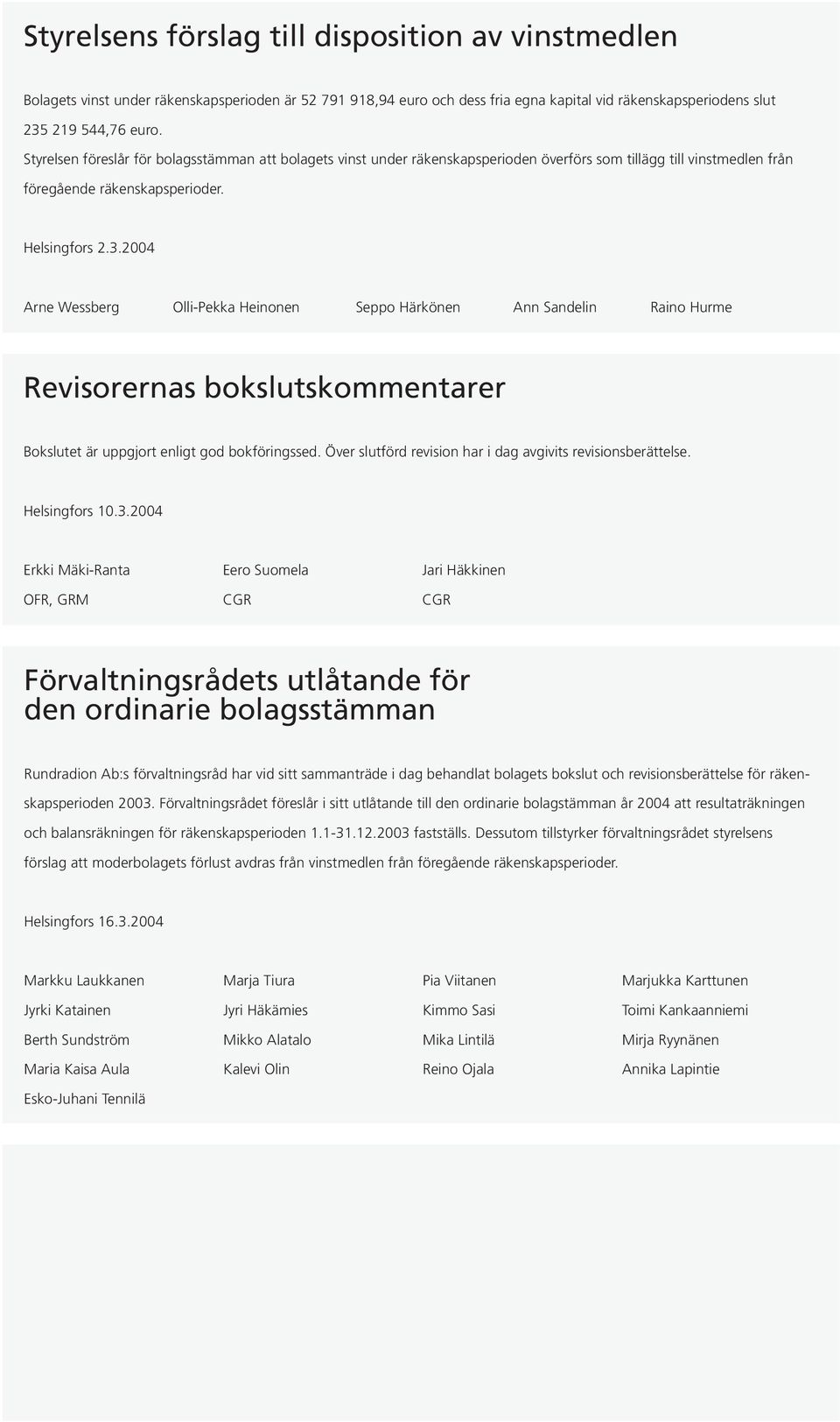 2004 Arne Wessberg Olli-Pekka Heinonen Seppo Härkönen Ann Sandelin Raino Hurme Revisorernas bokslutskommentarer Bokslutet är uppgjort enligt god bokföringssed.