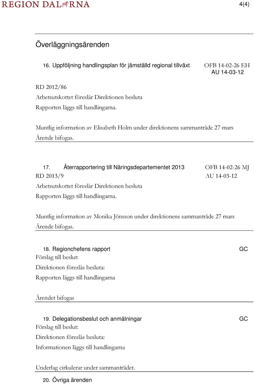 Muntlig information av Elisabeth Holm under direktionens sammanträde 27 mars Ärende bifogas. 17.