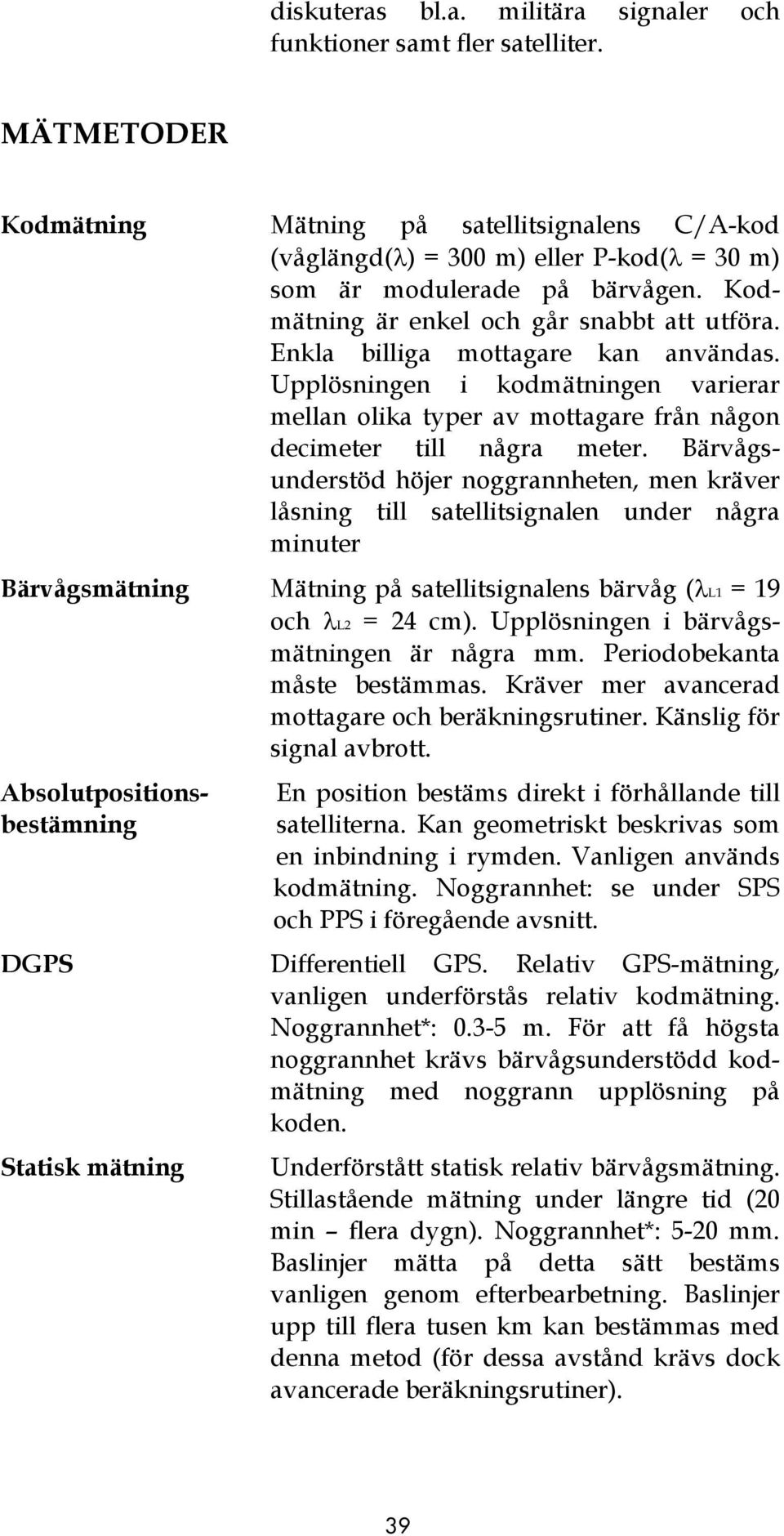 Enkla billiga mottagare kan användas. Upplösningen i kodmätningen varierar mellan olika typer av mottagare från någon decimeter till några meter.