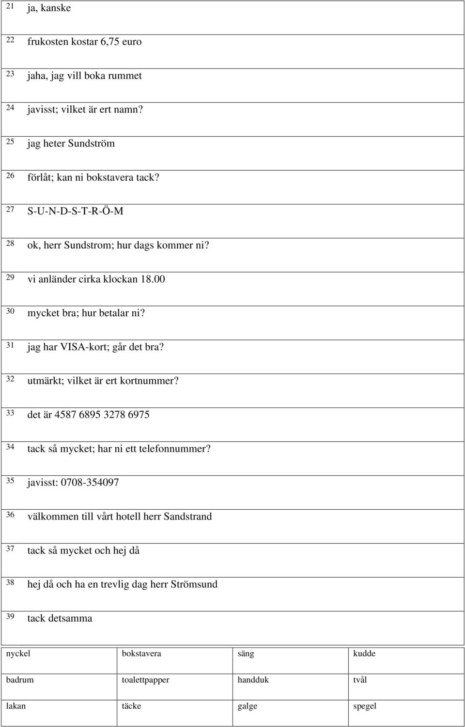 32 utmärkt; vilket är ert kortnummer? 33 det är 4587 6895 3278 6975 34 tack så mycket; har ni ett telefonnummer?