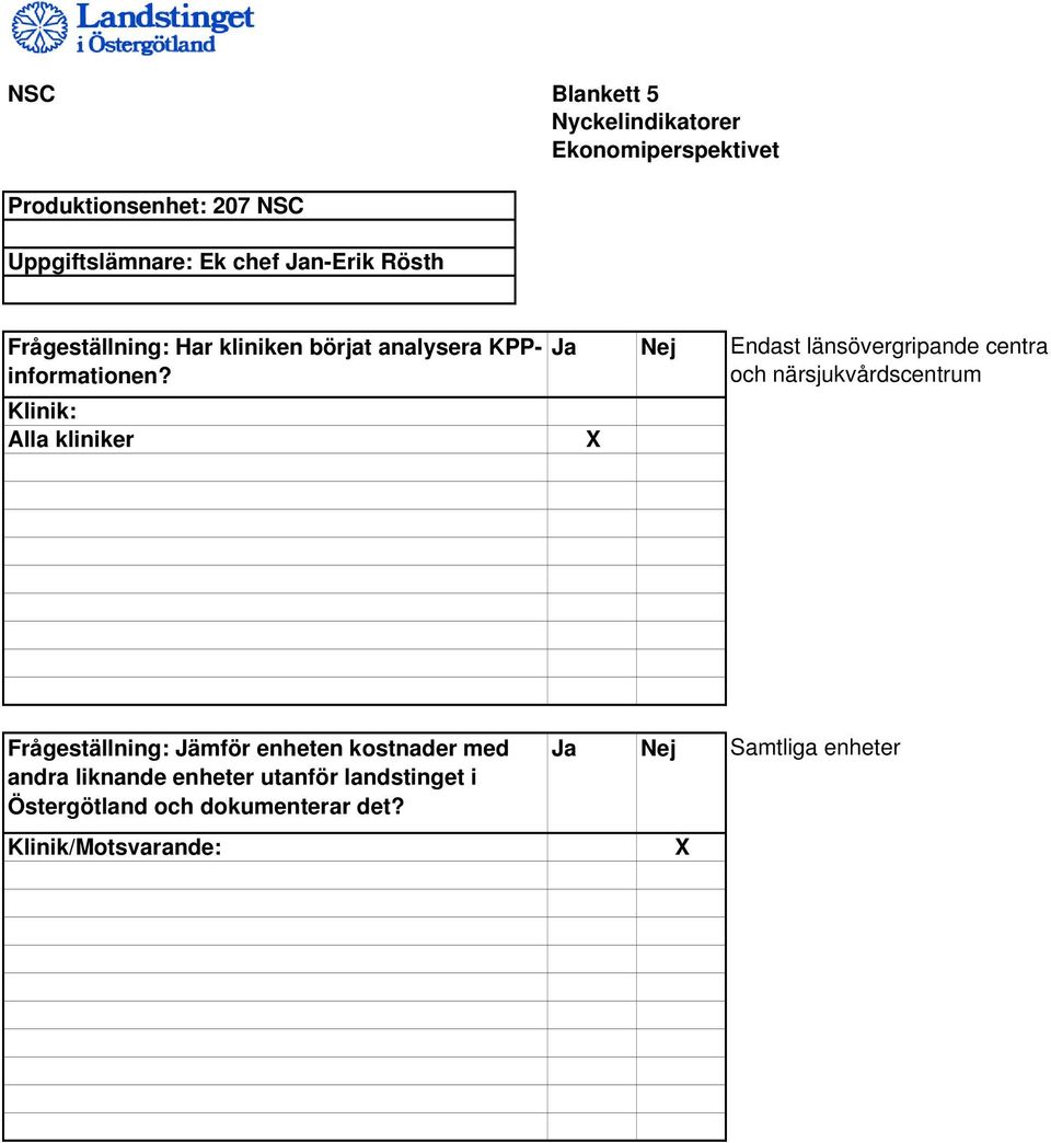 Alla kliniker Ja Nej Endast länsövergripande centra och närsjukvårdscentrum Frågeställning: Jämför enheten
