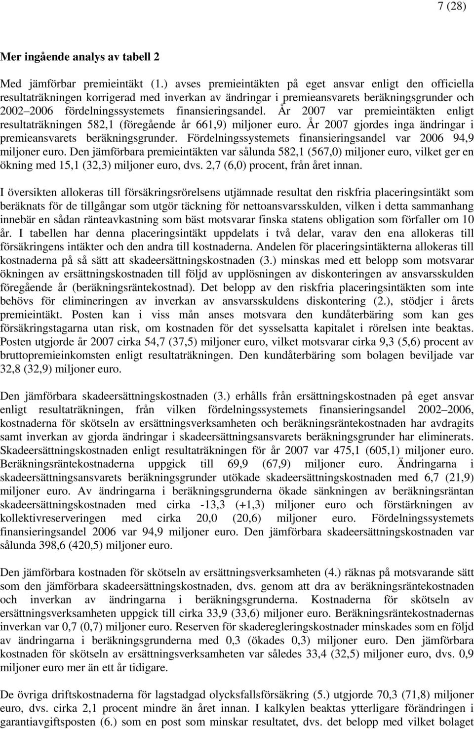 finansieringsandel. År 2007 var premieintäkten enligt resultaträkningen 582,1 (föregående år 661,9) miljoner euro. År 2007 gjordes inga ändringar i premieansvarets beräkningsgrunder.