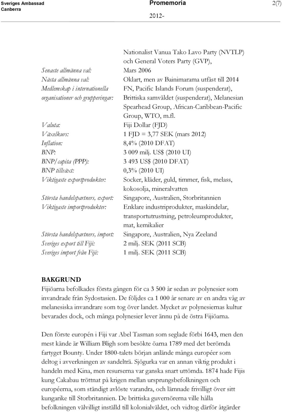 Group, WTO, m.fl. Valuta: Fiji Dollar (FJD) Växelkurs: 1 FJD = 3,77 SEK (mars 2012) Inflation: 8,4% (2010 DFAT) BNP: 3 009 milj.