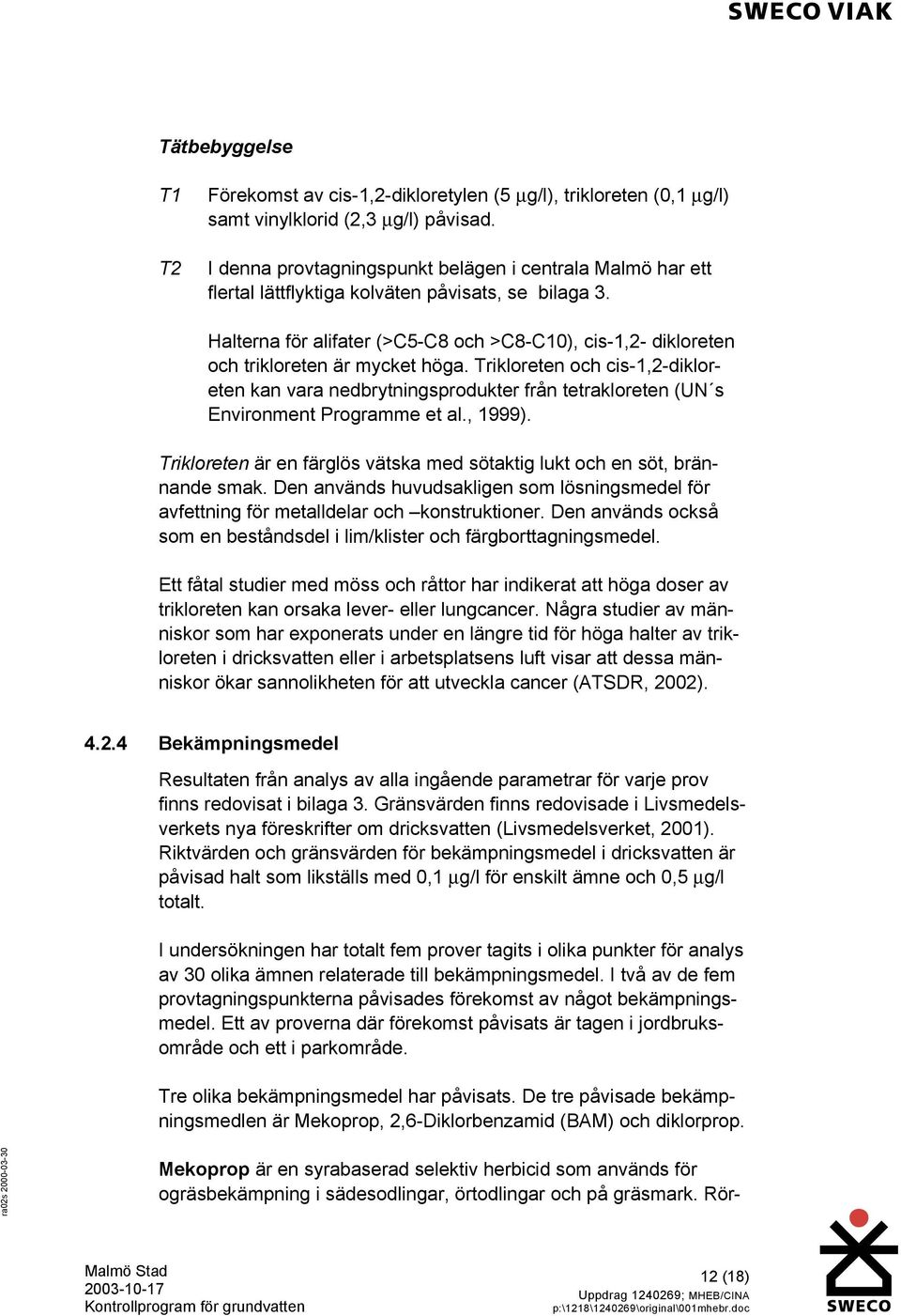 Halterna för alifater >C5-C8 och >C8-C10), cis-1,2- dikloreten och trikloreten är mycket höga.