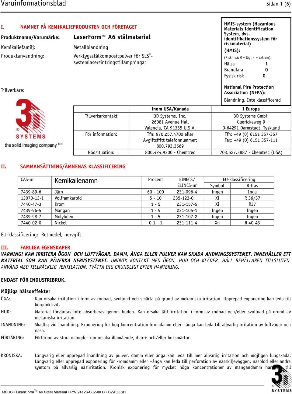 systemlasersintringstillämpningar HMIS-system (Hazardous Materials Identification System, dvs.