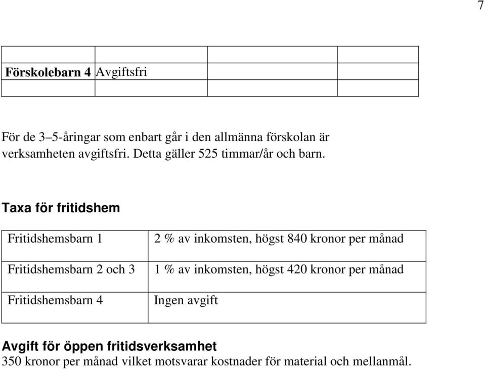 Taxa för fritidshem Fritidshemsbarn 1 Fritidshemsbarn 2 och 3 Fritidshemsbarn 4 2 % av inkomsten, högst 840