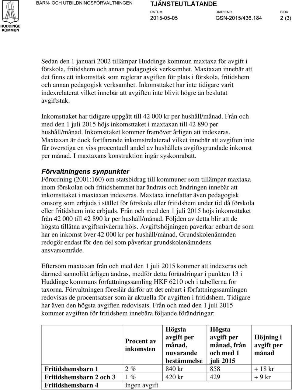 Maxtaxan innebär att det finns ett inkomsttak som reglerar avgiften för plats i förskola, fritidshem och annan pedagogisk verksamhet.