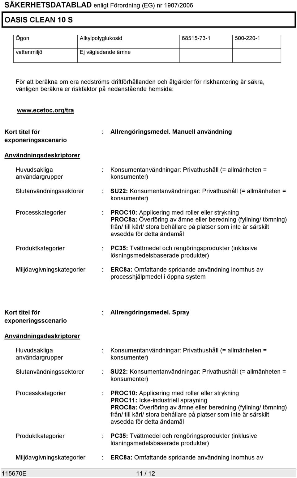 Manuell användning Användningsdeskriptorer Huvudsakliga användargrupper : Konsumentanvändningar: Privathushåll (= allmänheten = konsumenter) Slutanvändningssektorer : SU22: Konsumentanvändningar: