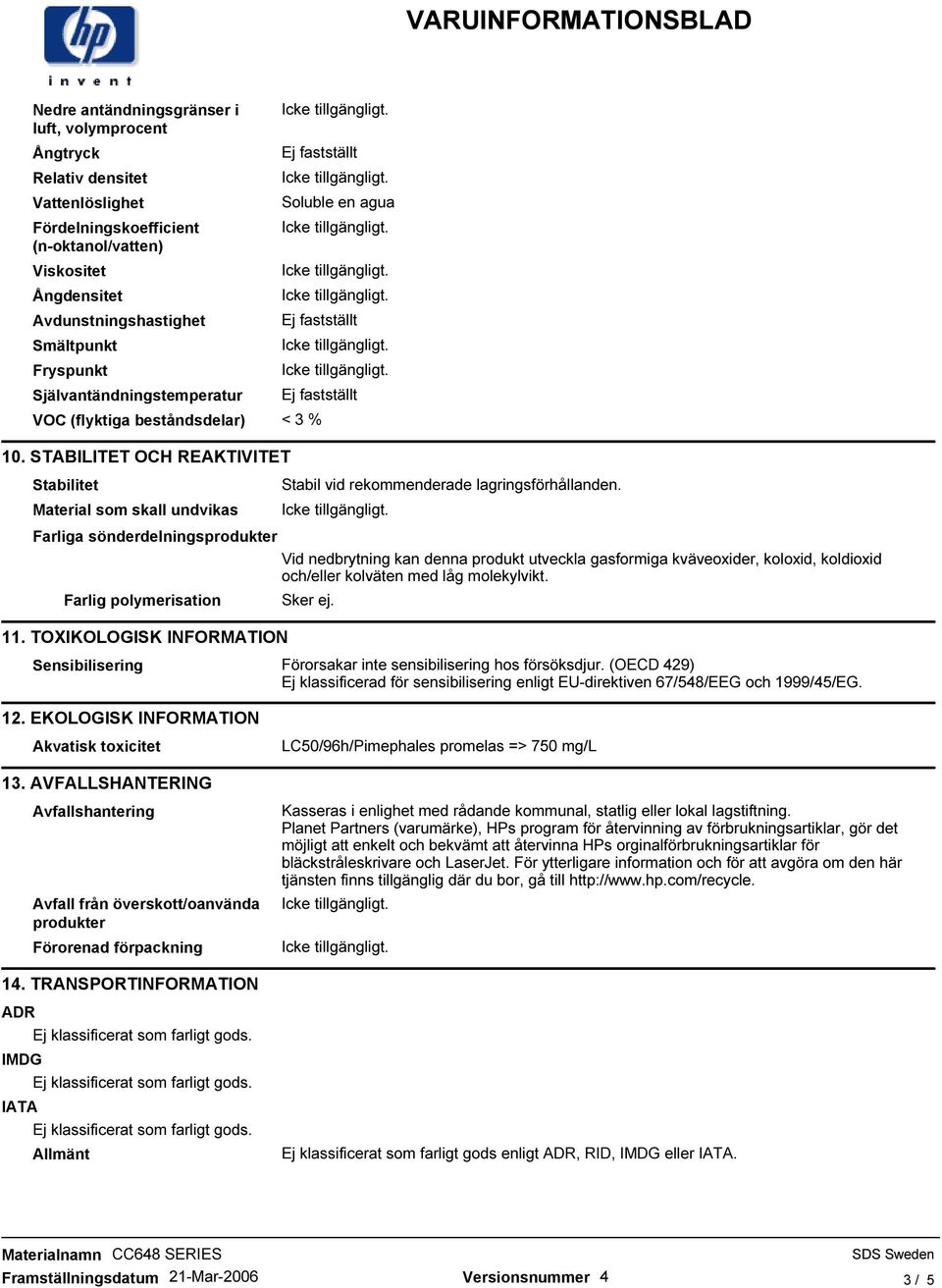 Farliga sönderdelningsprodukter Vid nedbrytning kan denna produkt utveckla gasformiga kväveoxider, koloxid, koldioxid och/eller kolväten med låg molekylvikt. Farlig polymerisation 11.