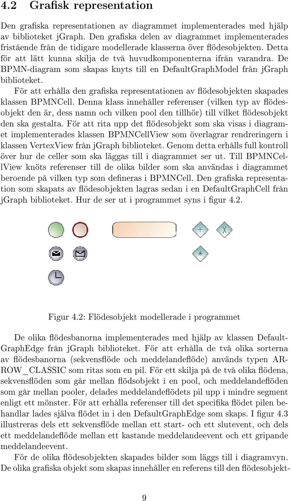 De BPMN-diagram som skapas knyts till en DefaultGraphModel från jgraph biblioteket. För att erhålla den graska representationen av ödesobjekten skapades klassen BPMNCell.