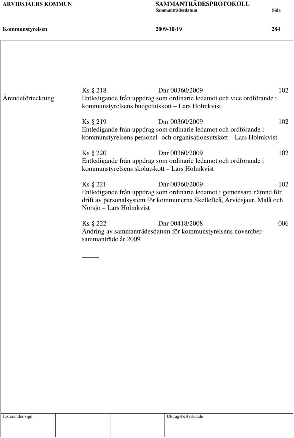 från uppdrag som ordinarie ledamot och ordförande i kommunstyrelsens skolutskott Lars Holmkvist Ks 221 Dnr 00360/2009 102 Entledigande från uppdrag som ordinarie ledamot i gemensam nämnd för