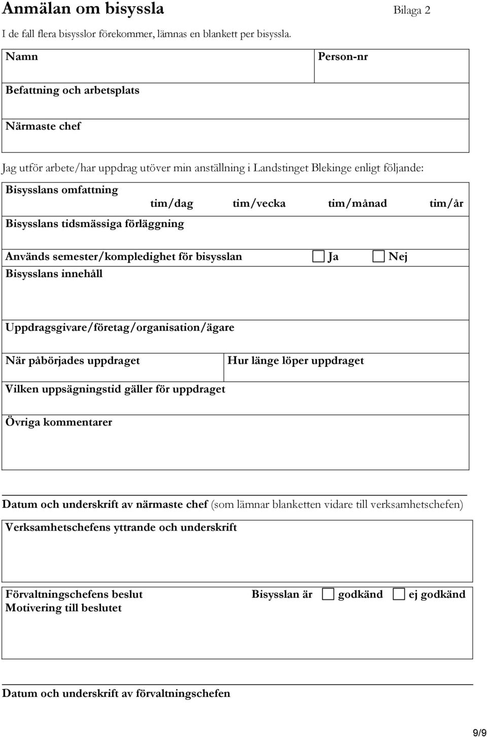 förläggning tim/dag tim/vecka tim/månad tim/år Används semester/kompledighet för bisysslan Ja Nej Bisysslans innehåll Uppdragsgivare/företag/organisation/ägare När påbörjades uppdraget Hur länge