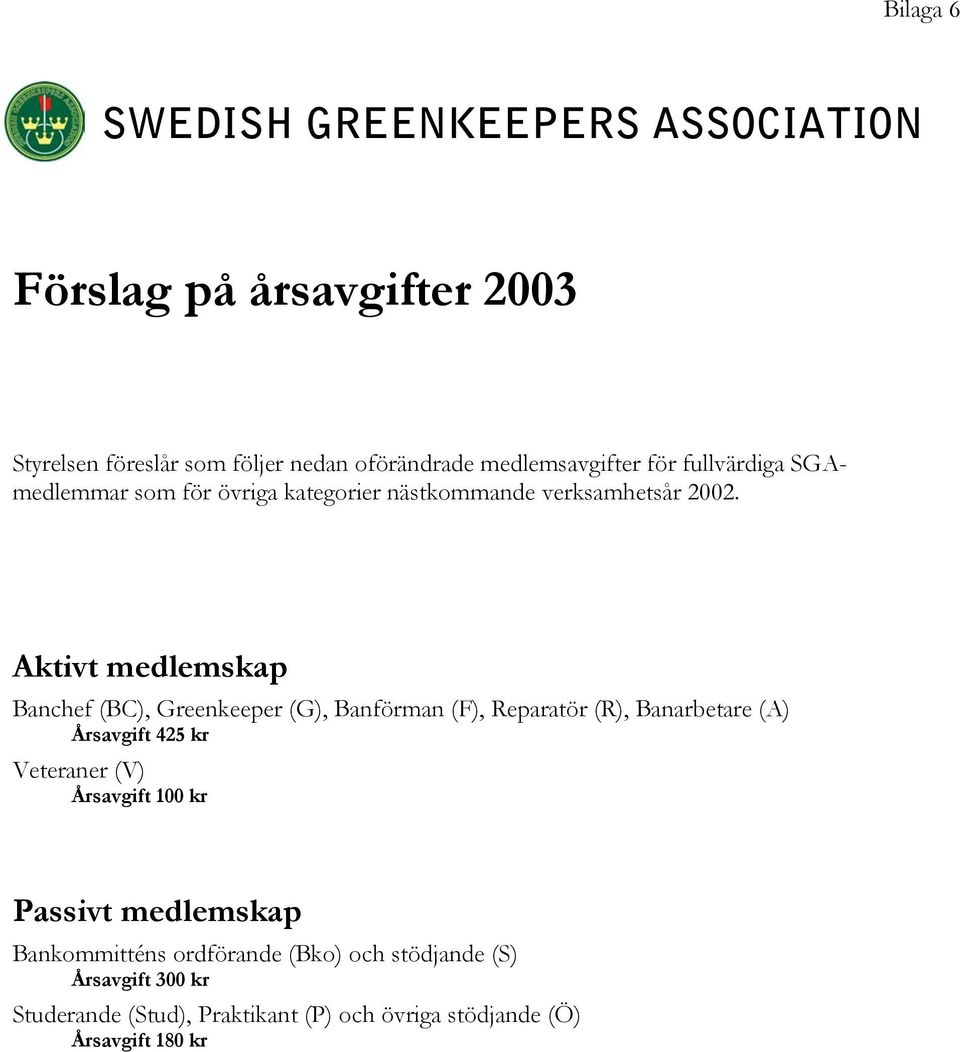 Aktivt medlemskap Banchef (BC), Greenkeeper (G), Banförman (F), Reparatör (R), Banarbetare (A) Årsavgift 425 kr Veteraner
