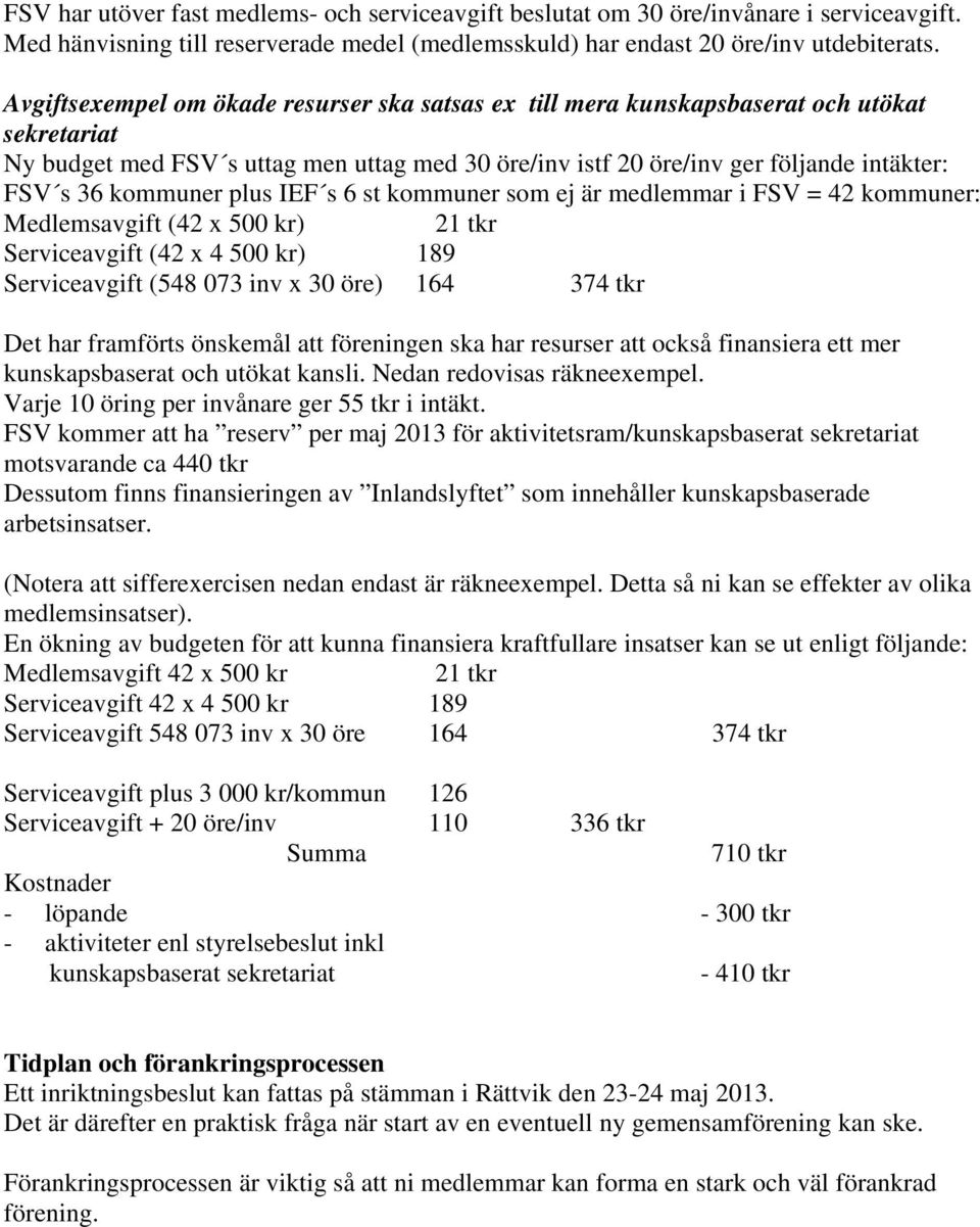 kommuner plus IEF s 6 st kommuner som ej är medlemmar i FSV = 42 kommuner: Medlemsavgift (42 x 500 kr) 21 tkr Serviceavgift (42 x 4 500 kr) 189 Serviceavgift (548 073 inv x 30 öre) 164 374 tkr Det