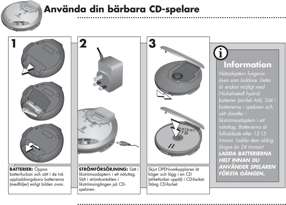 Skjut OPEN-omkopplaren åt höger och lägg i en CD (etikettsidan uppåt) i CD-facket. Stäng CD-facket. i Information Nätadaptern fungerar även som laddare.