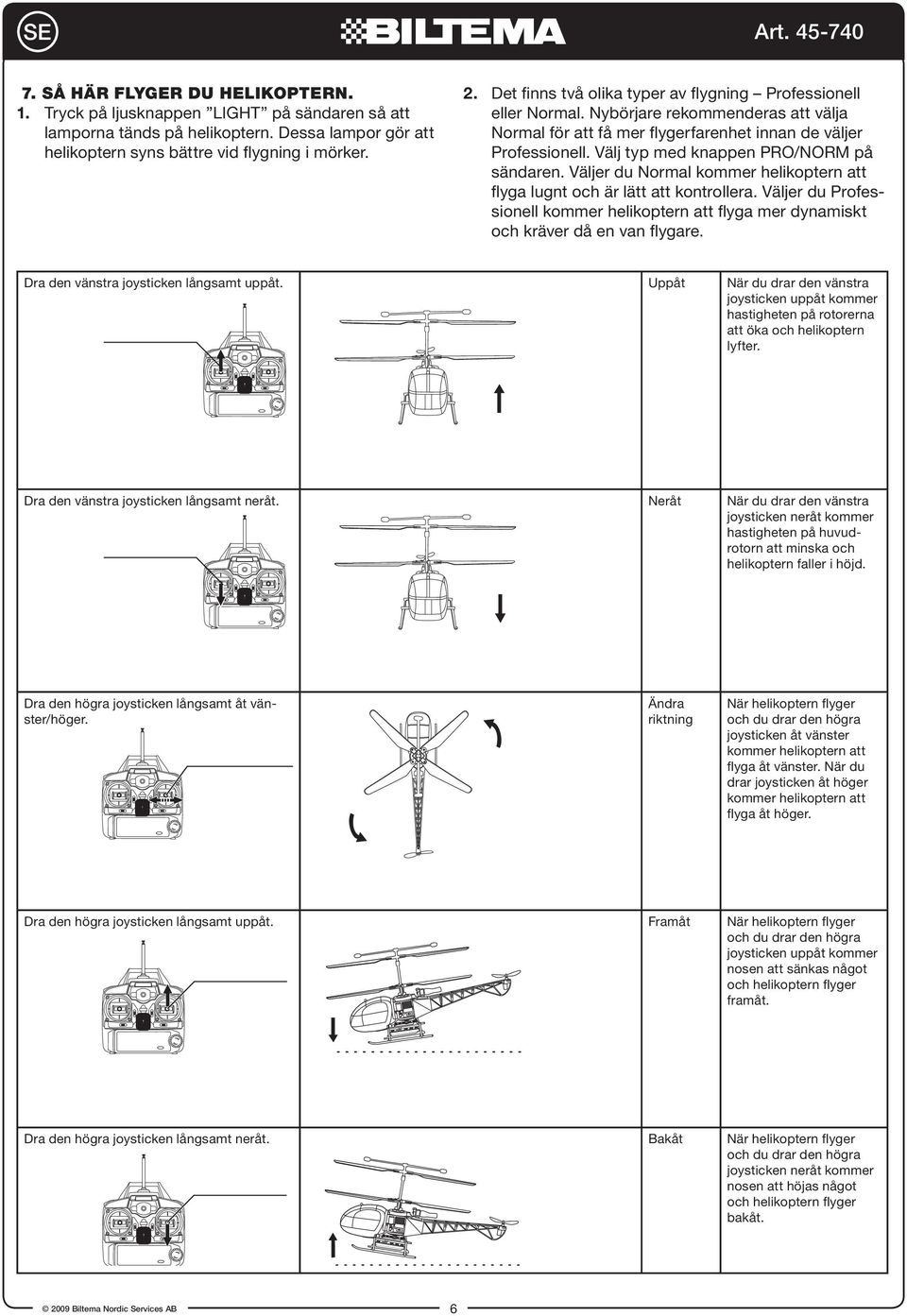 Välj typ med knappen PRO/NORM på sändaren. Väljer du Normal kommer helikoptern att flyga lugnt och är lätt att kontrollera.