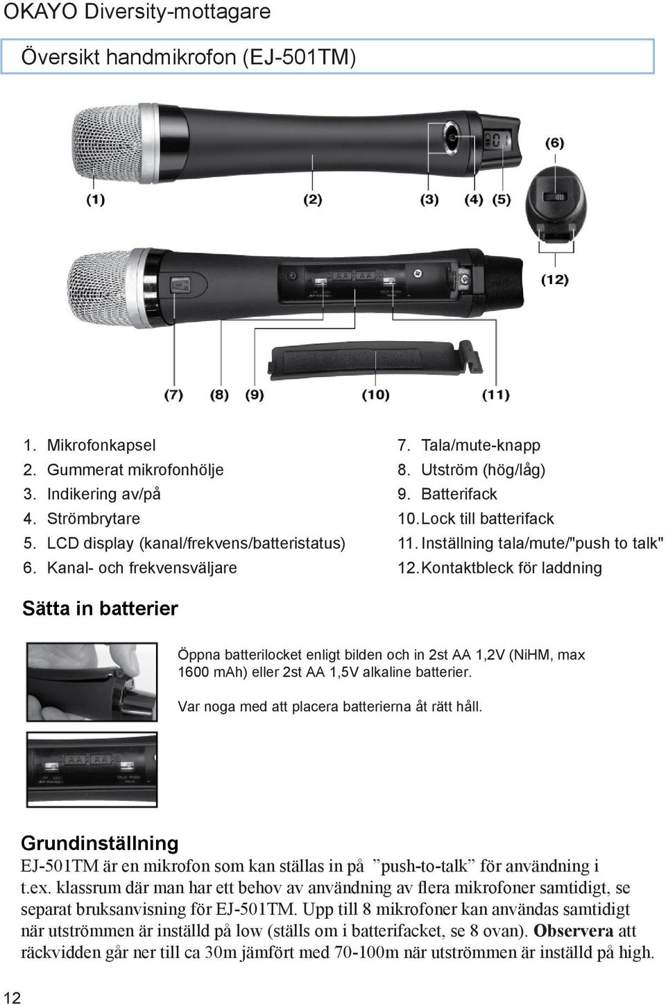 Kontaktbleck för laddning Sätta in batterier Öppna batterilocket enligt bilden och in 2st AA 1,2V (NiHM, max 1600 mah) eller 2st AA 1,5V alkaline batterier.