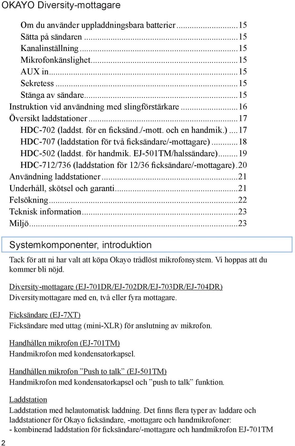 ..18 HDC-502 (laddst. för handmik. EJ-501TM/halssändare)...19 HDC-712/736 (laddstation för 12/36 ficksändare/-mottagare)..20 Användning laddstationer...21 Underhåll, skötsel och garanti...21 Felsökning.